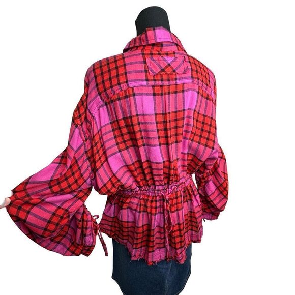 WE THE FREE Pacific Dawn Plaid Shirt Red Pink Cinch Waist Tie Back Size Large - Picture 7 of 16